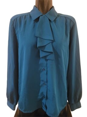 Vintage 80's Teal Ruffled Front Long-Sleeve Women's Button-Up Blouse